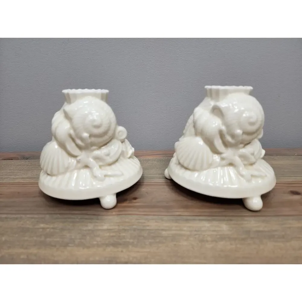 Vintage Shafford Japan 1989 Candlestick Holder Set Shells Coastal Ivory